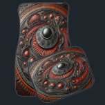 Intrikera ej täckta aliensymboler bilmatta<br><div class="desc">Ett annat världscirkulärt mönster fångar med sina utförliga motiv för främmande människor. Spiralformer är sammanflätade med glansigt svarta eller levande rödaktiga accenter.</div>