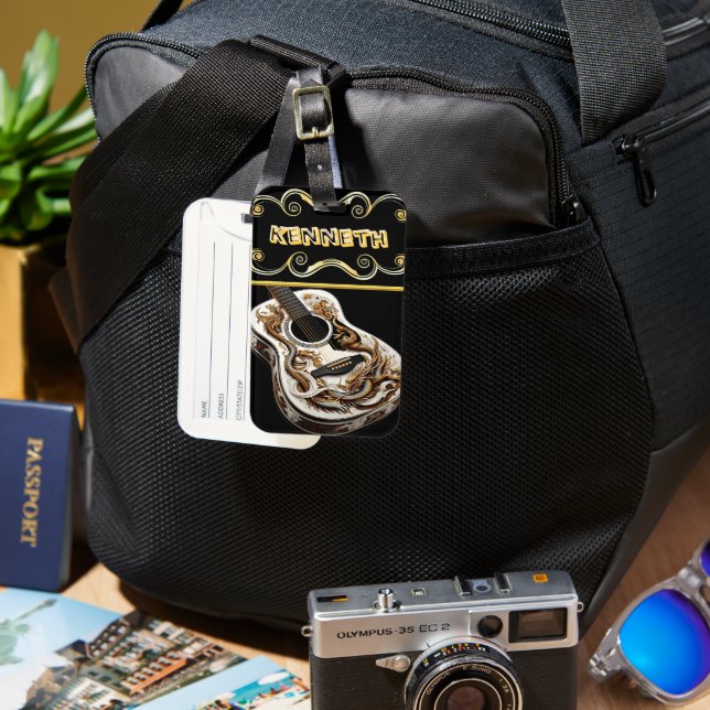 Intrikera gitarren med drakdetaljer bagagebricka (Framsida & Baksida)