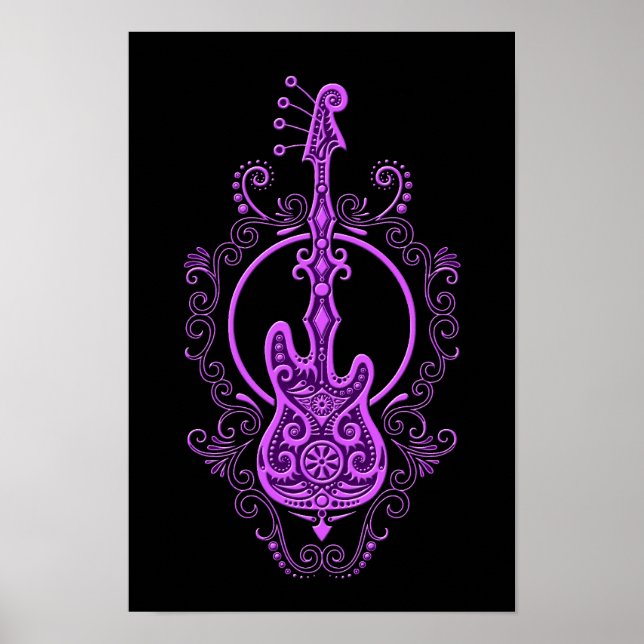 Intrikera Lila Bass Guitar Design på svart Poster (Framsidan)