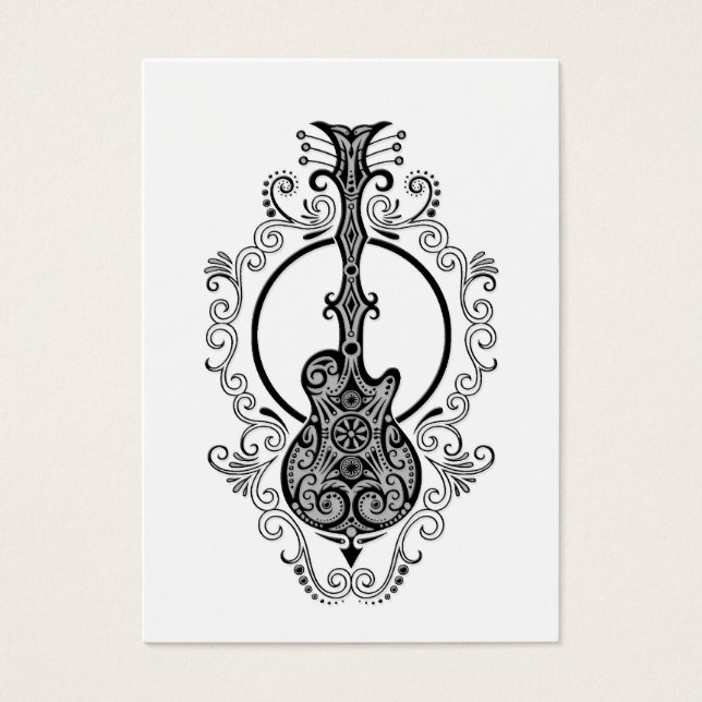 Intrikera svart guitar-design på vitt visitkort (Framsidan)