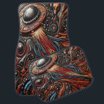 Intriktande celestial-konfrontation med Alien Life Bilmatta<br><div class="desc">En mässande bild av en UFO som härstammar från kosmos,  omgiven av vibrerande,  roterande färg. Utlänningens närvaro förstärks av invecklat mönster,  vilket tyder på en mystisk och annan världslig atmosfär.</div>