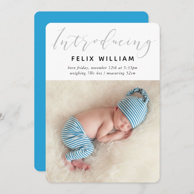 INTRODUCERA NYFÖDD BEBIS gullig kalligrafi fotoblå Meddelande (Fram/baksida)