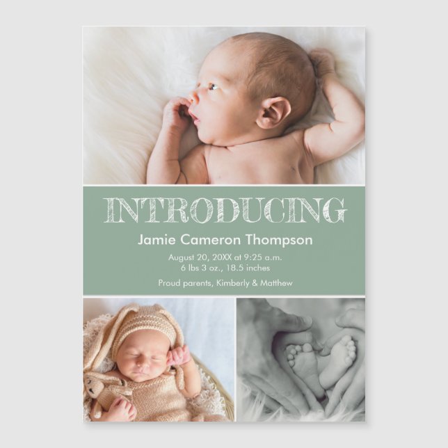 Introducing baby photos green birth announcement (Framsida)