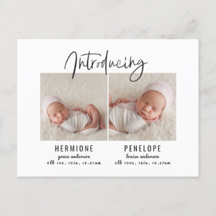 Introduktion av tvilling- födelsemeddelande inbjudan vykort
