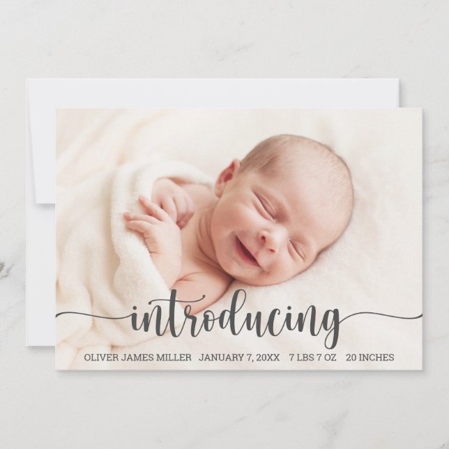 Introduktion till Baby - födelsemeddelandefotokort Meddelande (Framsida)
