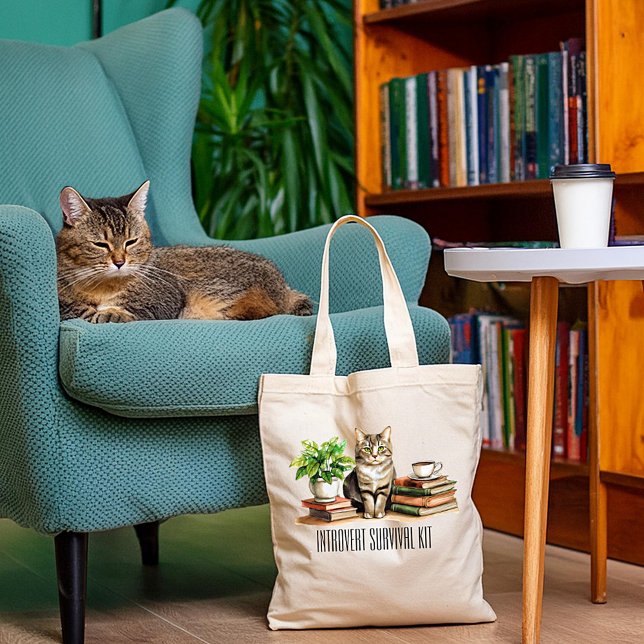 Introvert överlevnadskit (Katt,växt,kaffe,böcker) Tygkasse (Skapare uppladdad)