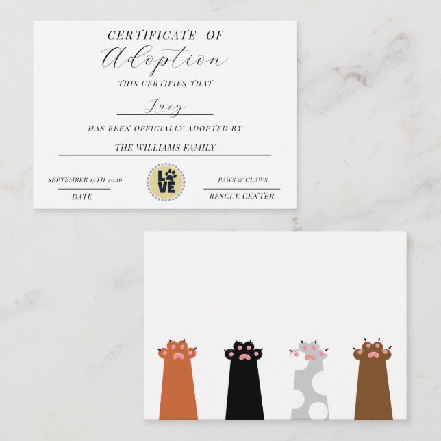 Intyg om adoption anteckningskort (Fram/baksida)