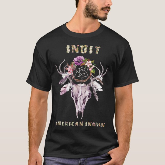 Inuit Indian Tribe BOHO Blommigt Skull Retr T Shirt (Framsida)
