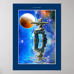 Inukshuk & Galaxy Måne Fantasy Art Poster
