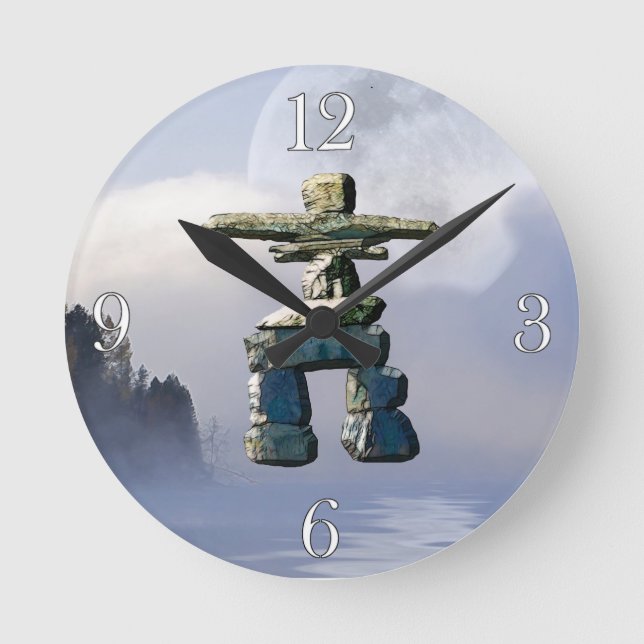 Inukshuk & Wilderness Måne Art Clock Rund Klocka (Framsida)