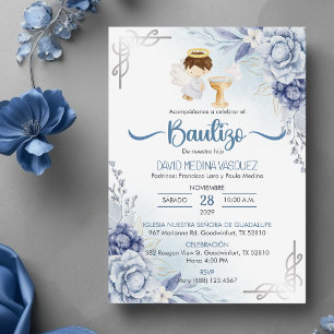 Invacion Bautizo Blåa blommor BOY Angel Baptism Inbjudningar