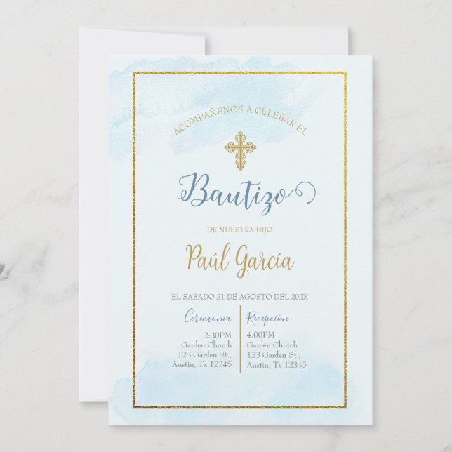 Invación de bautismo färg azul en español inbjudningar (Framsida)