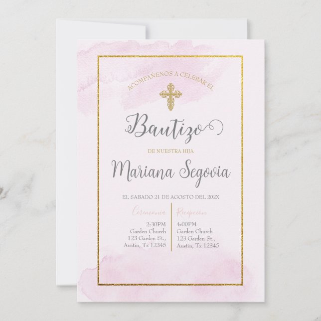Invación de bautismo färg rosa en español inbjudningar (Framsida)