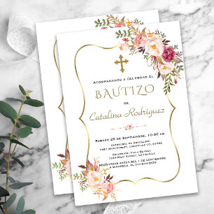 Invacion De Bautizo Con Flores Guld Girl Baptism Inbjudningar
