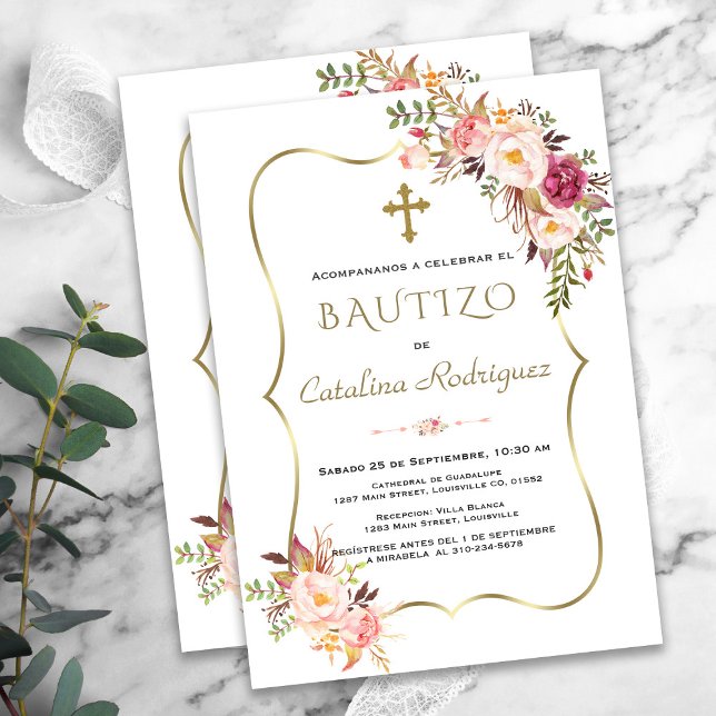 Invacion De Bautizo Con Flores Guld Girl Baptism Inbjudningar (bautizo pink flowers invitation elegant trendy modern)
