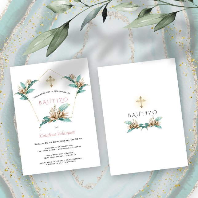 Invacion De Bautizo Con Flores Guld Ivory Lily Inbjudningar (Bautizo Baptism instant download invitation.)