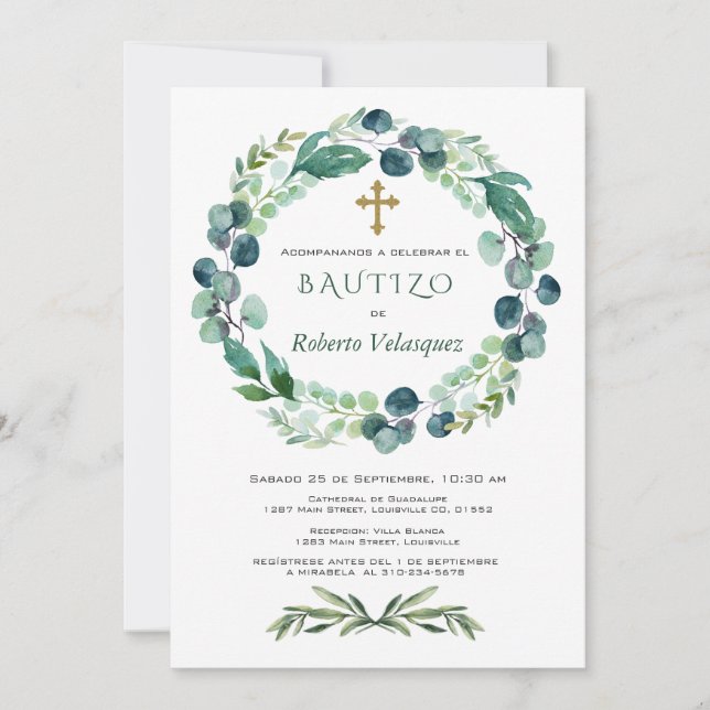 Invacion De Bautizo Eucalyptus Spanska Inbjudan (Framsida)