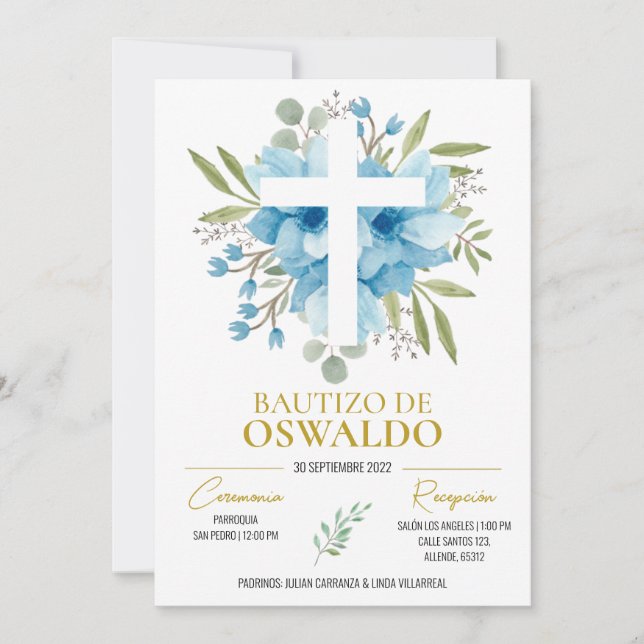 Invación de bautizo flores azul y verde inbjudningar (Framsida)