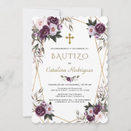 Invacion De Bautizo Lila blommor Guld Girl Inbjudningar