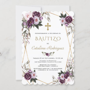 Invacion De Bautizo Lila blommor Guld Girl Inbjudningar