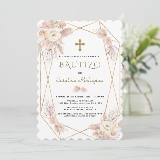 Invacion De Bautizo Pampas Grass Guld Baptism Inbjudningar (Stående Fram)