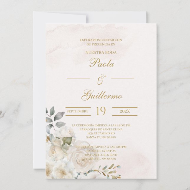 Invación de boda beige con flor blanca inbjudningar (Framsida)