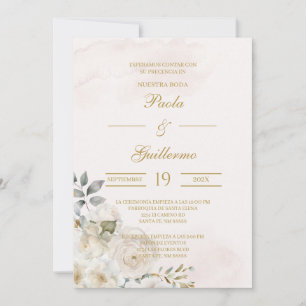 Invación de boda beige con flor blanca inbjudningar