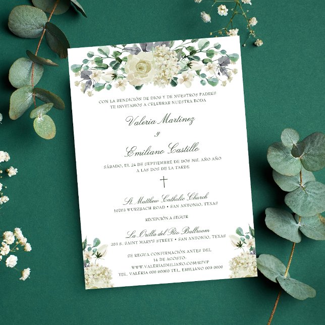 Invación de Boda Catolica Formal Bröllop Inbjudningar (Invitación de boda católica en español con flores blancas y vegetación.)