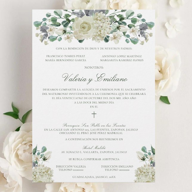 Invación de Boda Catolica Formal Bröllop Inbjudningar (Elegant, white flower Catholic wedding invitation in Spanish, done in traditional style)