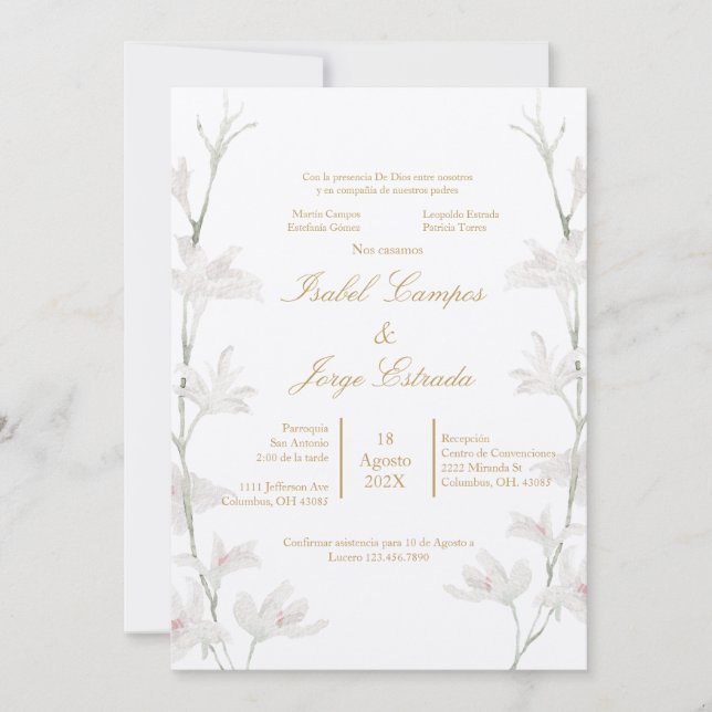 Invación de boda con flor blanca färg beige inbjudningar (Framsida)