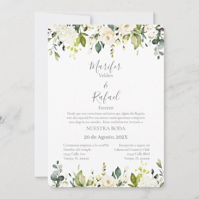 Invación de boda con hojas verde y rosas blancas inbjudningar (Framsida)
