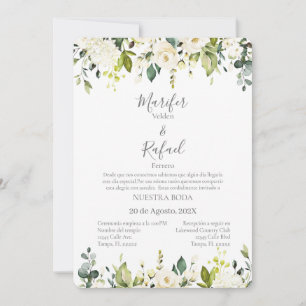 Invación de boda con hojas verde y rosas blancas inbjudningar