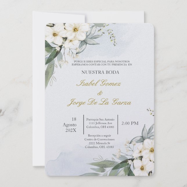 Invacion de boda en espanol con flor blanca inbjudningar (Framsida)