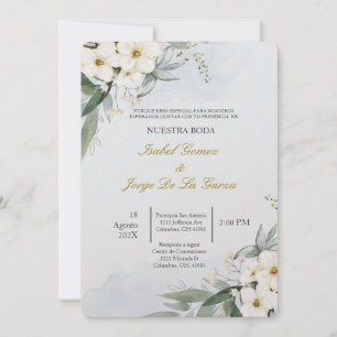 Invacion de boda en espanol con flor blanca inbjudningar