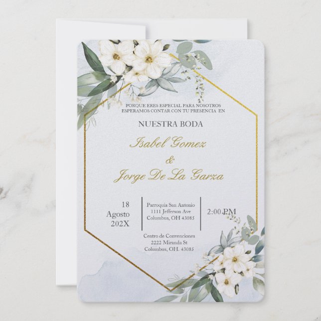 Invacion de boda en espanol con flor blanca inbjudningar (Framsida)