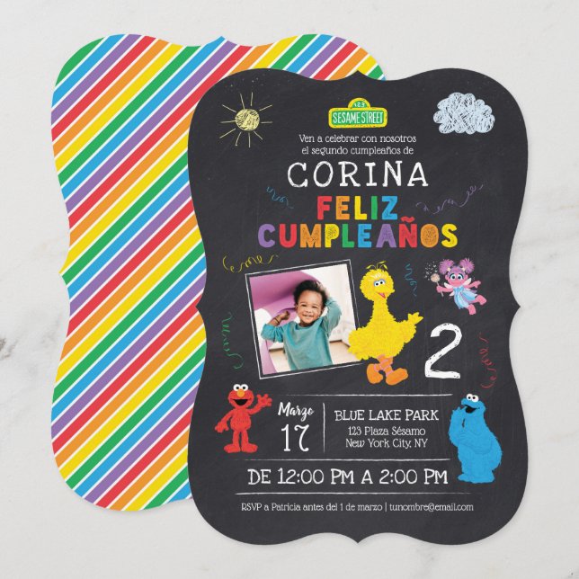 Invación de Cumpleaños de Plaza Sésamo Inbjudningar (Fram/baksida)