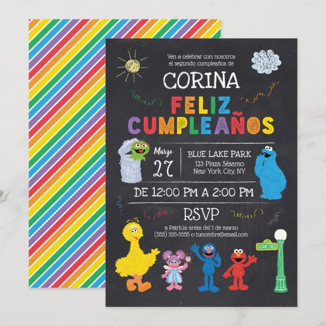 Invación de Cumpleaños de Plaza Sésamo Inbjudningar (Fram/baksida)