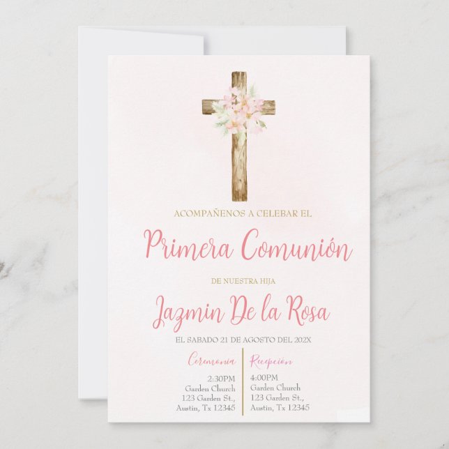 Invación de primera comunión blommigt rosa inbjudningar (Framsida)