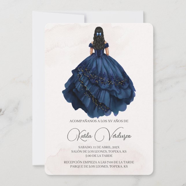 "Invación de quinceañera con vestido azul marino" Inbjudningar (Framsida)
