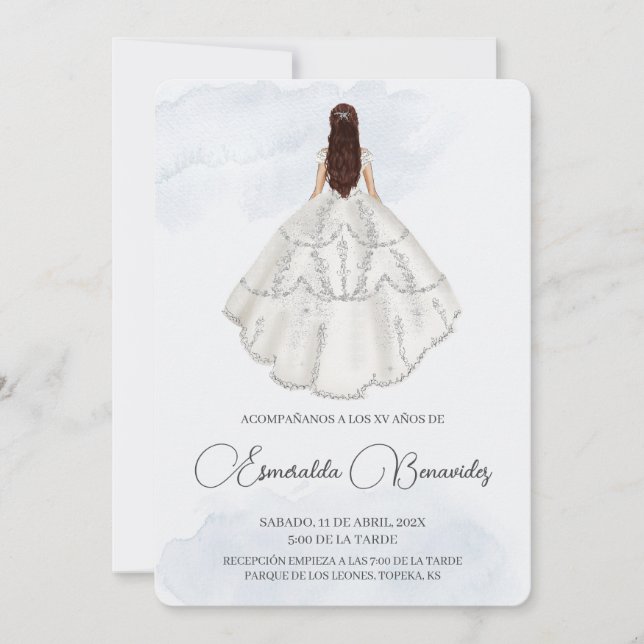 Invación de quinceañera con vestido blanco inbjudningar (Framsida)