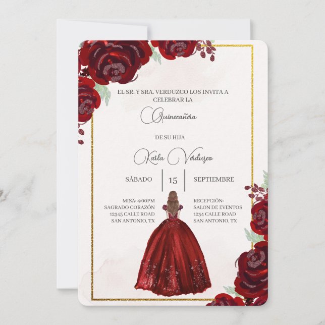 Invación de quinceañera con vestido rojo inbjudningar (Framsida)