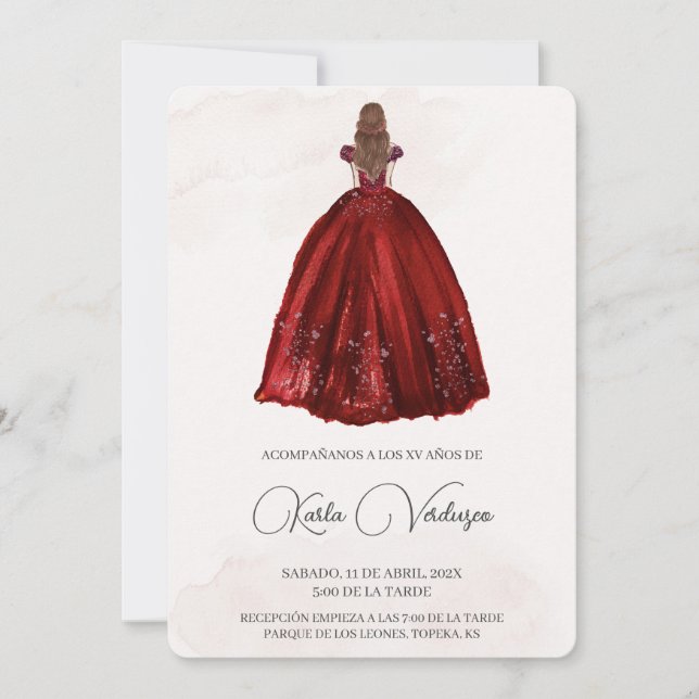 Invación de quinceañera con vestido rojo inbjudningar (Framsida)