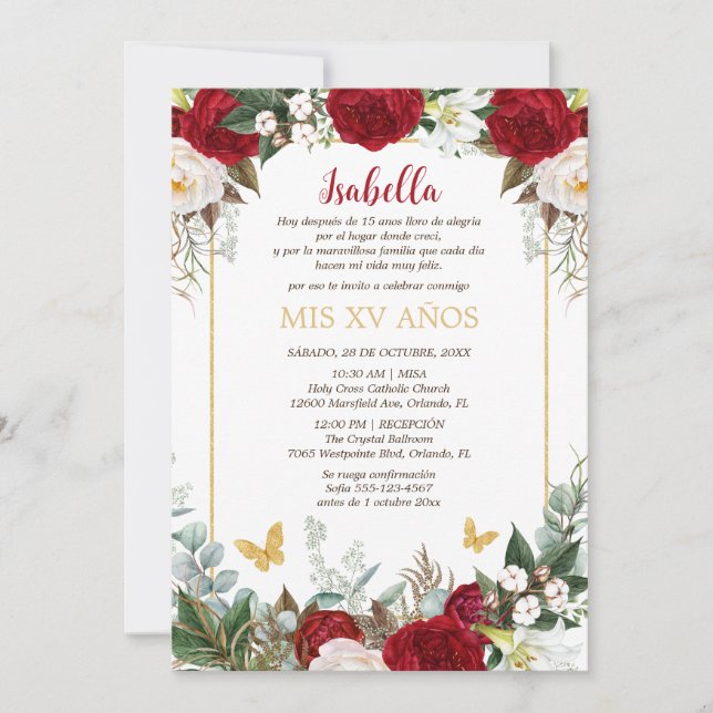 Invación de Quinceañera en Español Flores Rojas Inbjudningar (Framsida)
