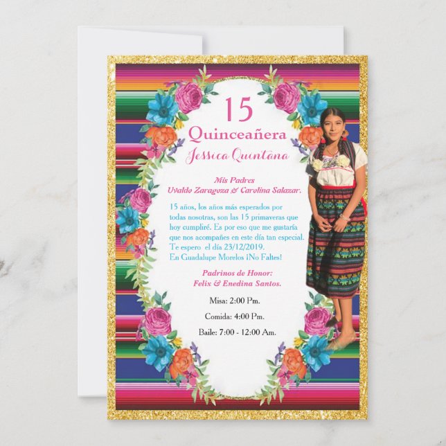 Invación de Quinceañera Mexiicana Inbjudningar (Framsida)