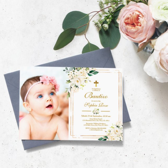 Invación de Rosas Blancas para Bautizo Inbjudningar (Skapare uppladdad)