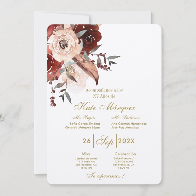 Invación para xv años con flor inbjudningar (Framsida)