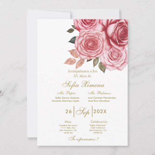 Invación para xv años con flor rosa inbjudningar (Framsida)