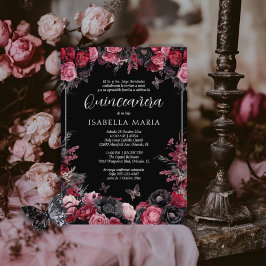 Invación Quinceañera blommigt gótica rosada, roja Inbjudningar
