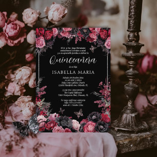 Invación Quinceañera blommigt gótica rosada, roja Inbjudningar