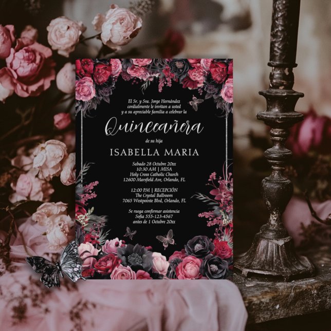 Invación Quinceañera blommigt gótica rosada, roja Inbjudningar (Gothic quinceanera invitation in Spanish with red, pink and black moody florals.)